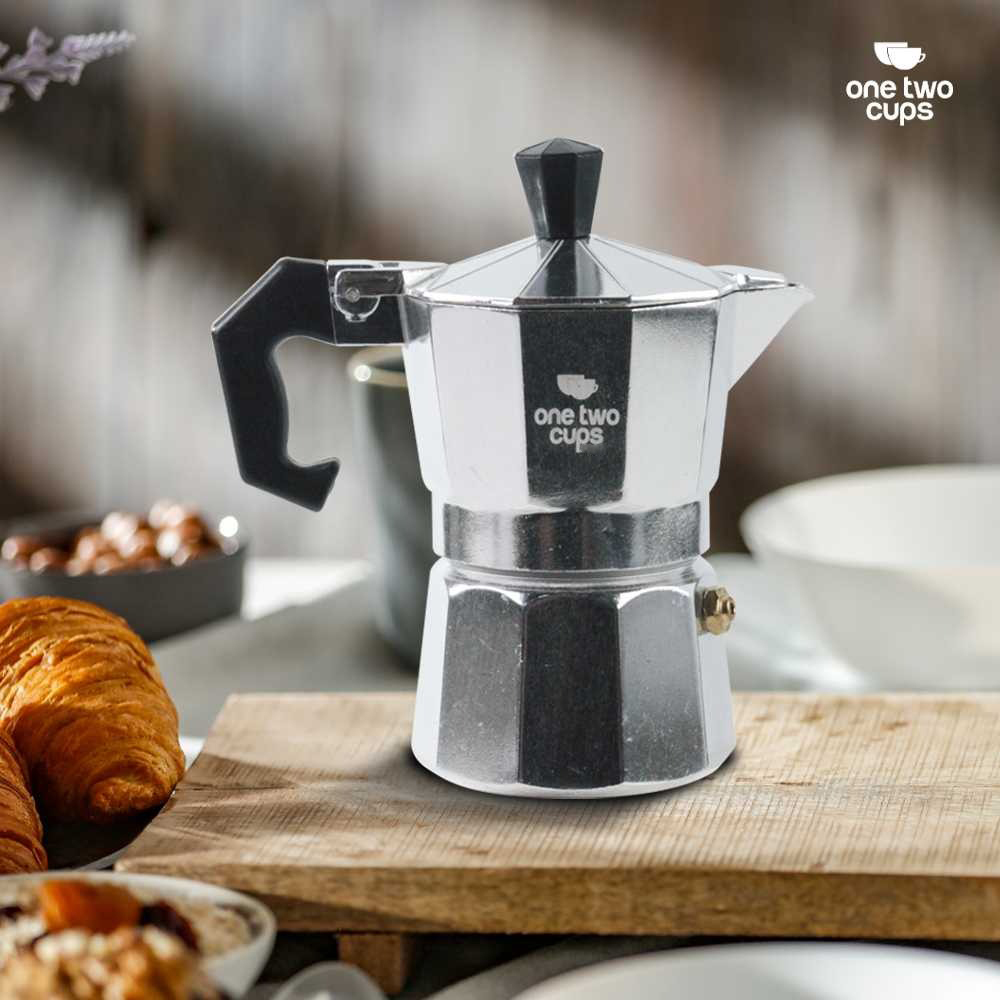 One Two Cups Moka Pot Teko Kopi Espresso Coffee Maker Stovetop 1 Cup 50ml - MX001 Gambar produk One Two Cups Moka Pot Teko Kopi Espresso Coffee Maker Stovetop 1 Cup 50ml - MX001