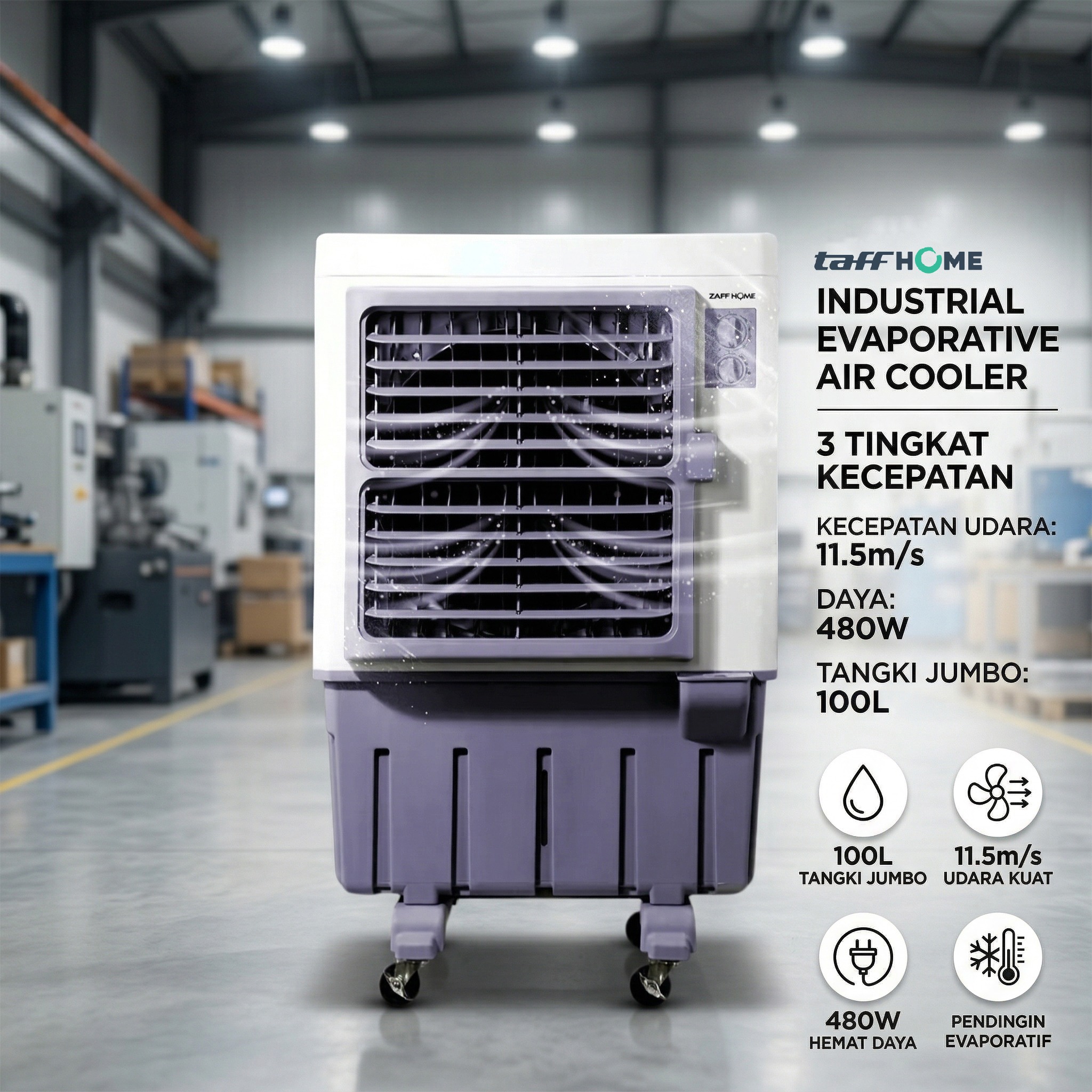 TaffHOME Air Cooler Industrial Evaporative 3 Speed 11.5m/s 480W 100L - 120A Gambar produk TaffHOME Air Cooler Industrial Evaporative 3 Speed 11.5m/s 480W 100L - 120A