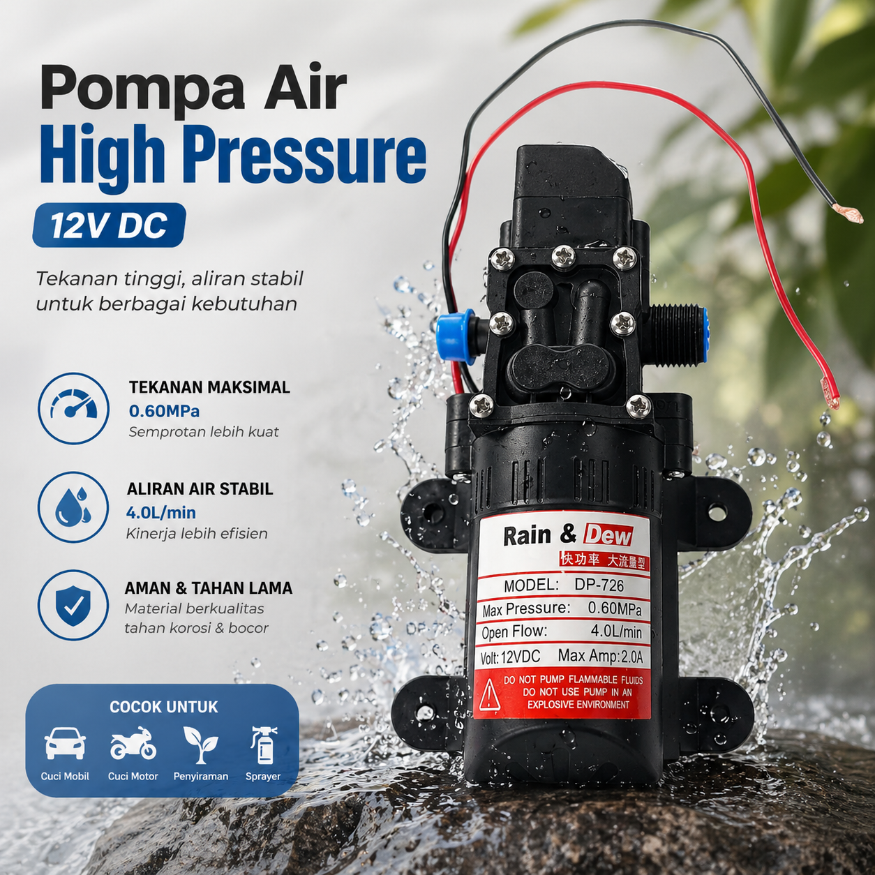 Rain & Dew Pompa Air Elektrik Portable High Pressure Water Pump 12V - DP-726 Gambar produk Rain & Dew Pompa Air Elektrik Portable High Pressure Water Pump 12V - DP-726 - Utama