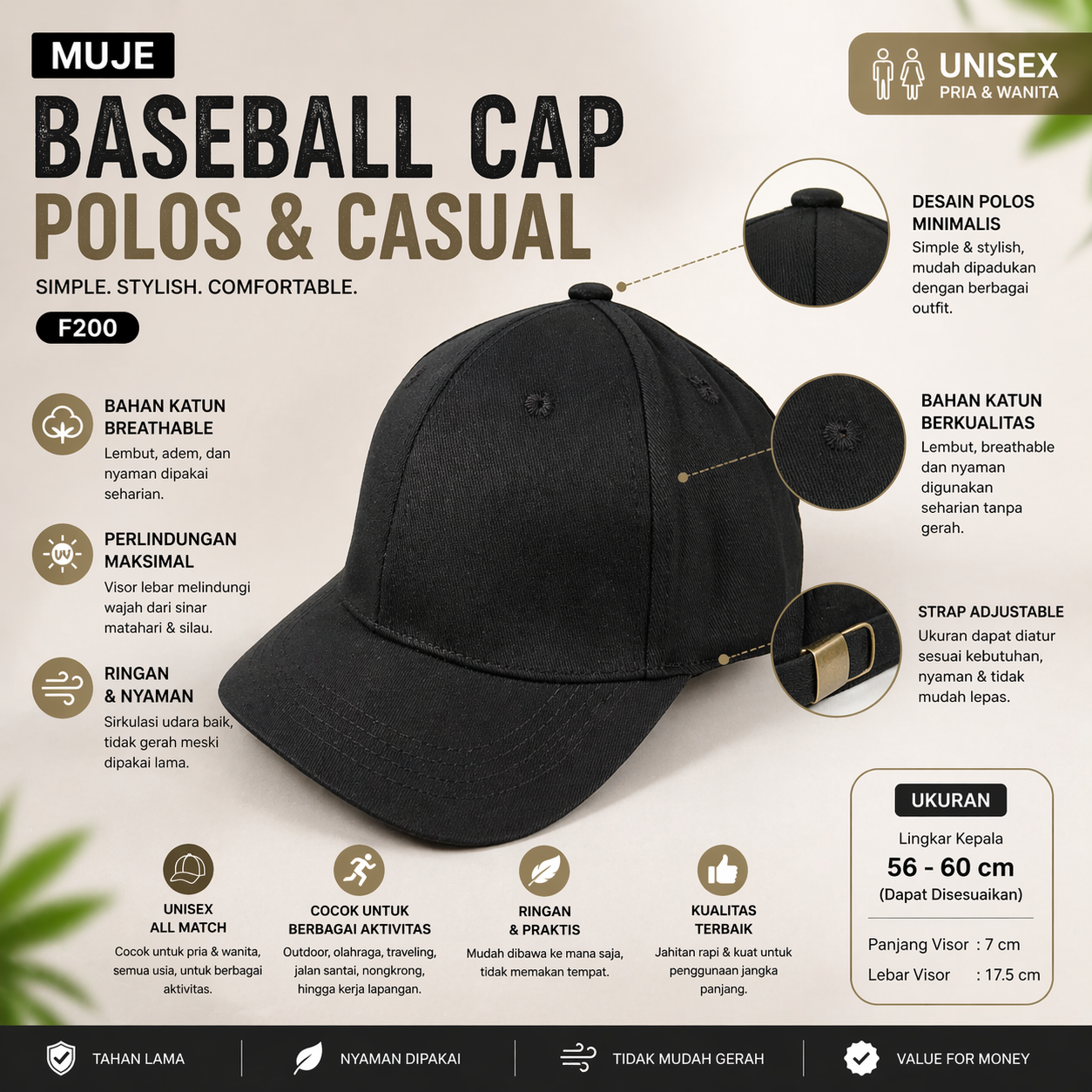 MUJE Topi Baseball Cap Polos Adjustable Breathable Casual Style - F200 Gambar produk MUJE Topi Baseball Cap Polos Adjustable Breathable Casual Style - F200 - 1