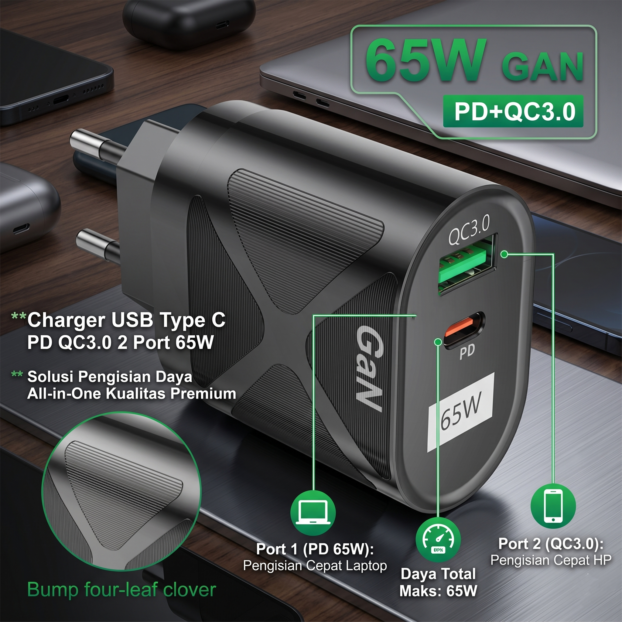 Lovebay Charger Adaptor Fast Charge USB Type C PD QC3.0 2 Port 65W - BK389-GaN Gambar produk Lovebay Charger Adaptor Fast Charge USB Type C PD QC3.0 2 Port 65W - BK389-GaN - Utama