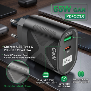 Lovebay Charger Adaptor Fast Charge USB Type C PD QC3.0 2 Port 65W - BK389-GaN