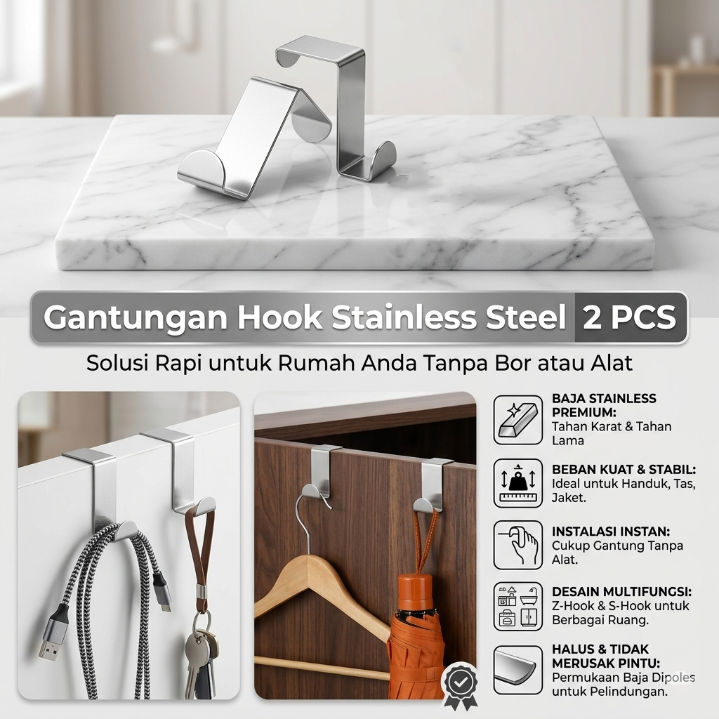 HIMSTO Gantungan Hook Cabinet Door Hanger Stainless Steel 2 PCS - HMS47 Gambar produk HIMSTO Gantungan Hook Cabinet Door Hanger Stainless Steel 2 PCS - HMS47