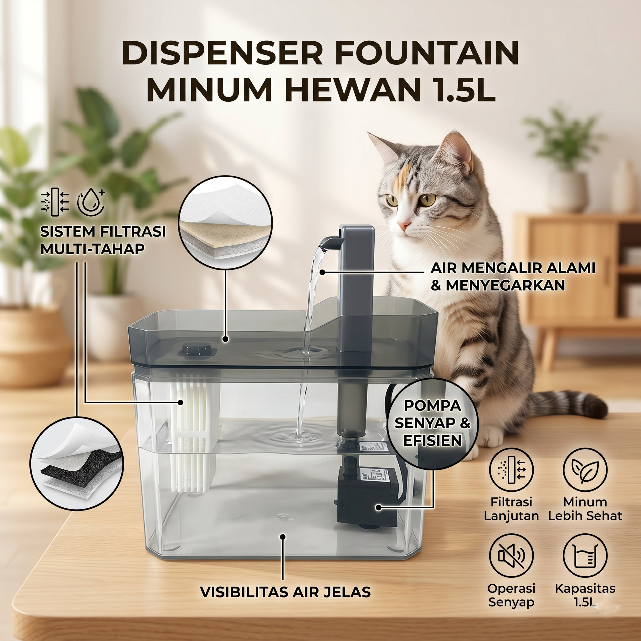 ISFRIDAY Pet Water Dispenser Fountain Tempat Minum Kucing Anjing 1.5L - IF299 Gambar produk ISFRIDAY Pet Water Dispenser Fountain Tempat Minum Kucing Anjing 1.5L - IF299 - 1