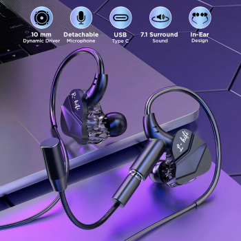 VAORLO Earphone Gaming Wired Type C HiFi Surround Sound Detachable Mic - G62