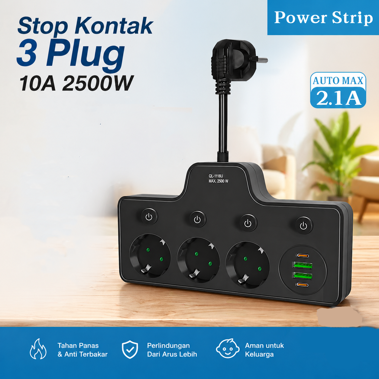 QIAOLIAN Stop Kontak Kabel USB Type C 10A 110-250V 2500W 8cm 3 Lubang - QL-1119U/QL-1118U Gambar produk QIAOLIAN Stop Kontak Kabel USB Type C 10A 110-250V 2500W 8cm 3 Lubang - QL-1119U/QL-1118U - Utama