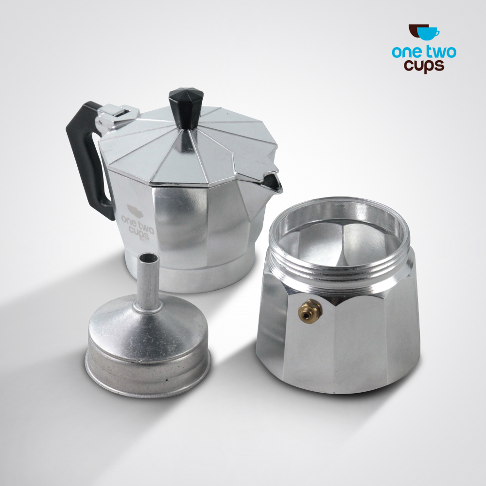 One Two Cups Moka Pot Teko Kopi Espresso Coffee Maker Stovetop 3 Cup 150ml - MX001 Gambar produk One Two Cups Moka Pot Teko Kopi Espresso Coffee Maker Stovetop 3 Cup 150ml - MX001