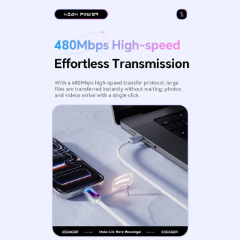 Gambar produk ESSAGER Kabel Data Type C to Type C Fast Charging PD QC 3.1 5A 240W 2M - ES-X81