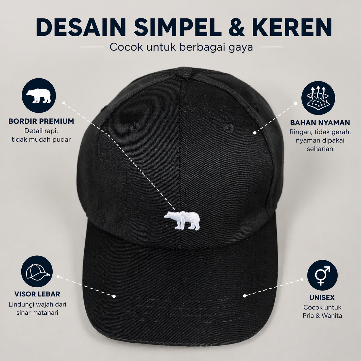 Bearlu Topi Baseball Cap Bordir Polar Bear Korean Style - F230 Gambar produk Bearlu Topi Baseball Cap Bordir Polar Bear Korean Style - F230 - 5