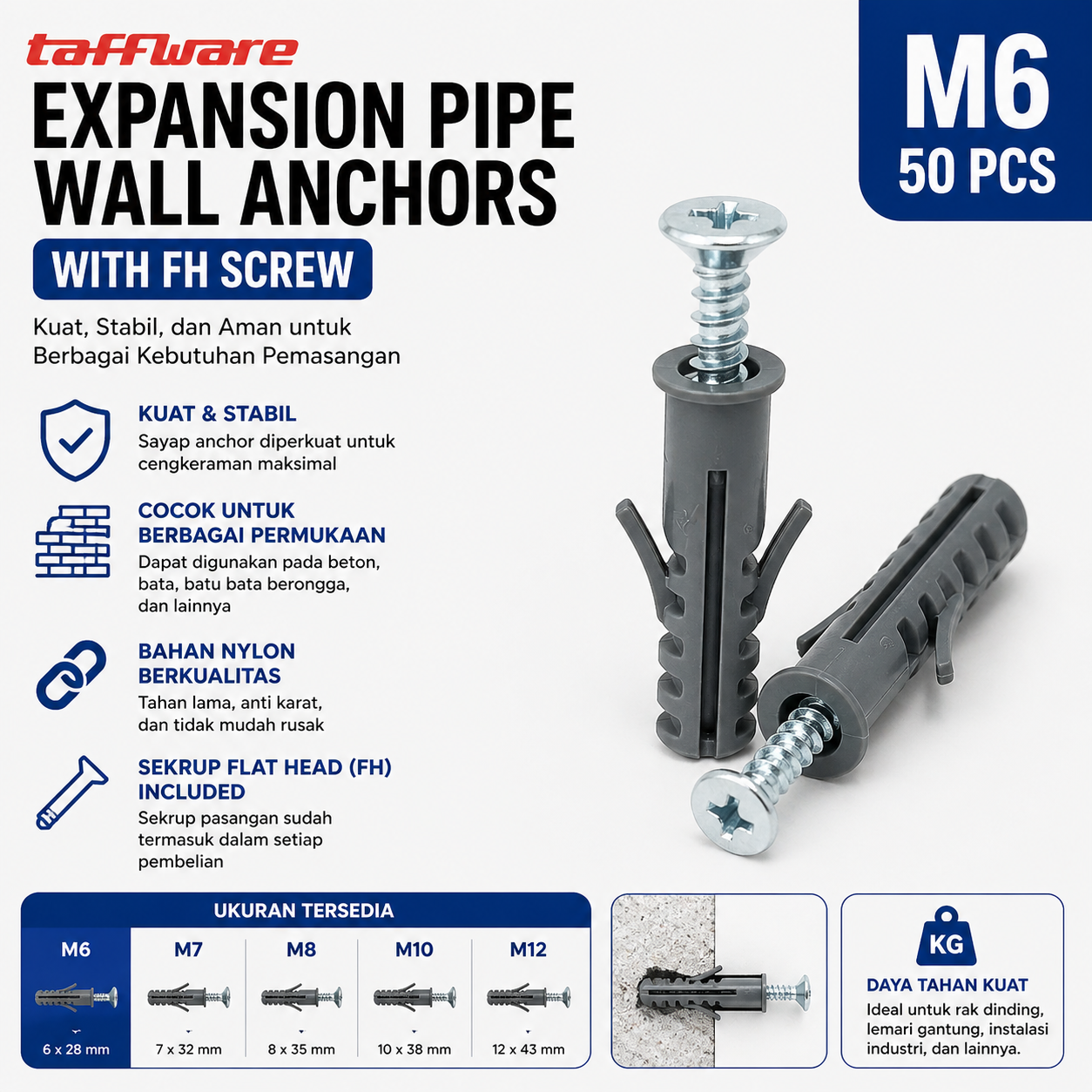Taffware Expansion Fisher Pipe Nylon Wall Anchor Tube with FH Screw M6 Gambar produk Taffware Expansion Fisher Pipe Nylon Wall Anchor Tube with FH Screw M6 - Utama