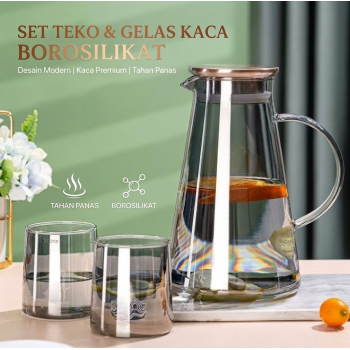 GIANXI Set Teko Gelas Kaca Kopi Teh 1 Pitcher 2 Cups Heat Proof 1.8L - GX18