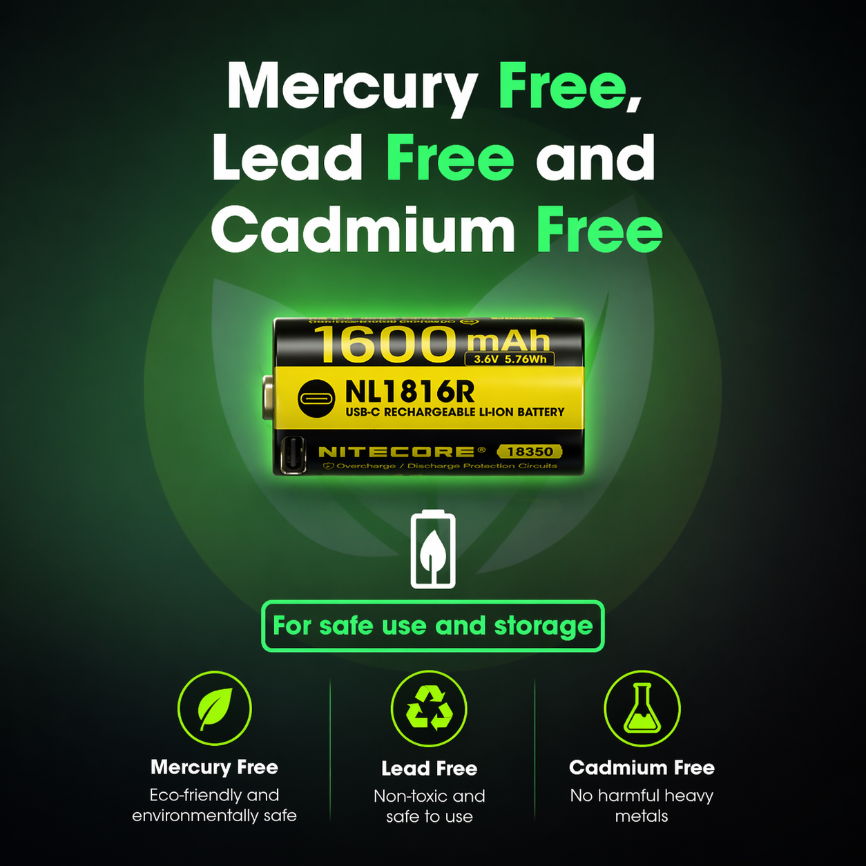 Gambar produk NITECORE Baterai Isi Ulang 18350 Li-Ion Button Top 1600mAh 3.6V 1 PCS - NL1816R