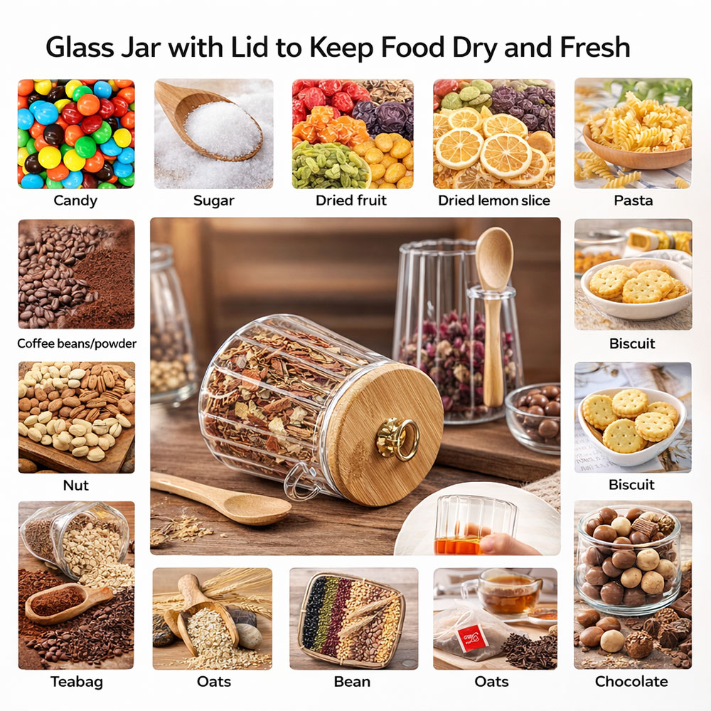 Gambar produk ECHOU Toples Kaca Borosilikat Vintage Wooden with Spoon Storage Jar 650ml - ECH-145