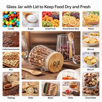 Gambar produk ECHOU Toples Kaca Borosilikat Vintage Wooden with Spoon Storage Jar 650ml - ECH-145