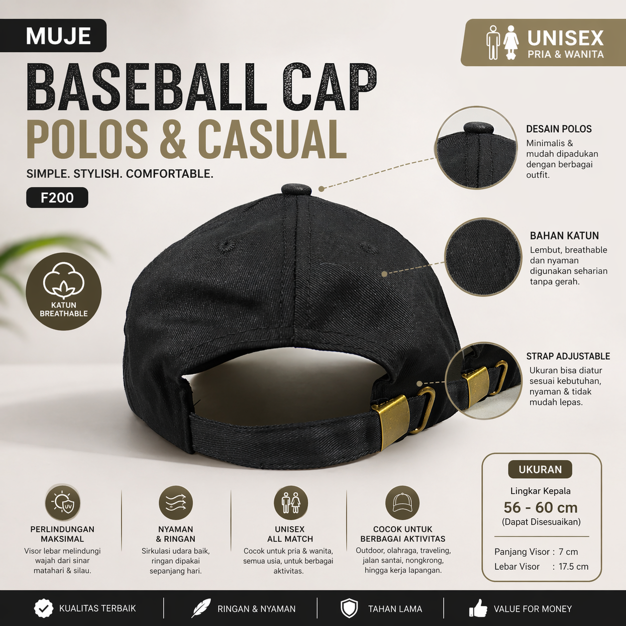 MUJE Topi Baseball Cap Polos Adjustable Breathable Casual Style - F200 Gambar produk MUJE Topi Baseball Cap Polos Adjustable Breathable Casual Style - F200 - 2