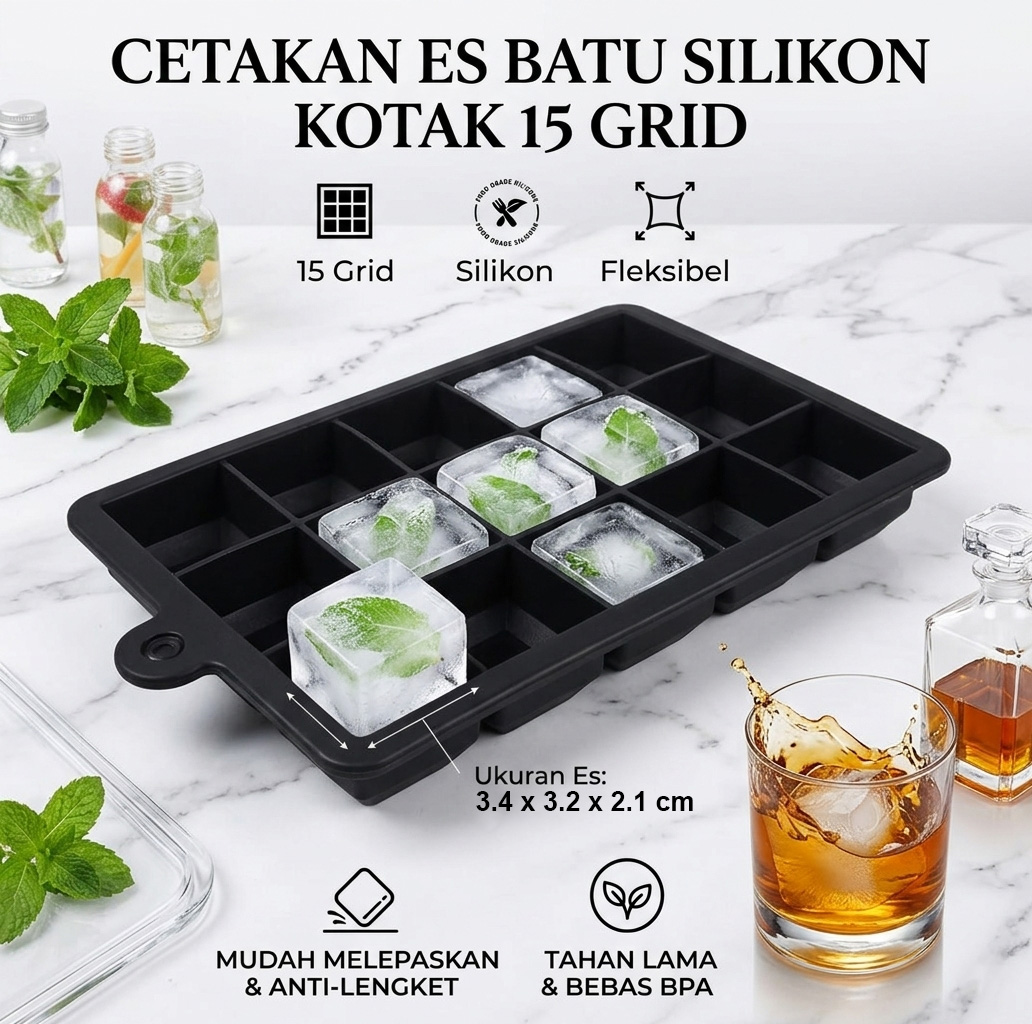 TaffHOME Cetakan Es Batu Silikon Kotak 15 Grid Ice Cube Tray - DY0971 Gambar produk TaffHOME Cetakan Es Batu Silikon Kotak 15 Grid Ice Cube Tray - DY0971 - Utama