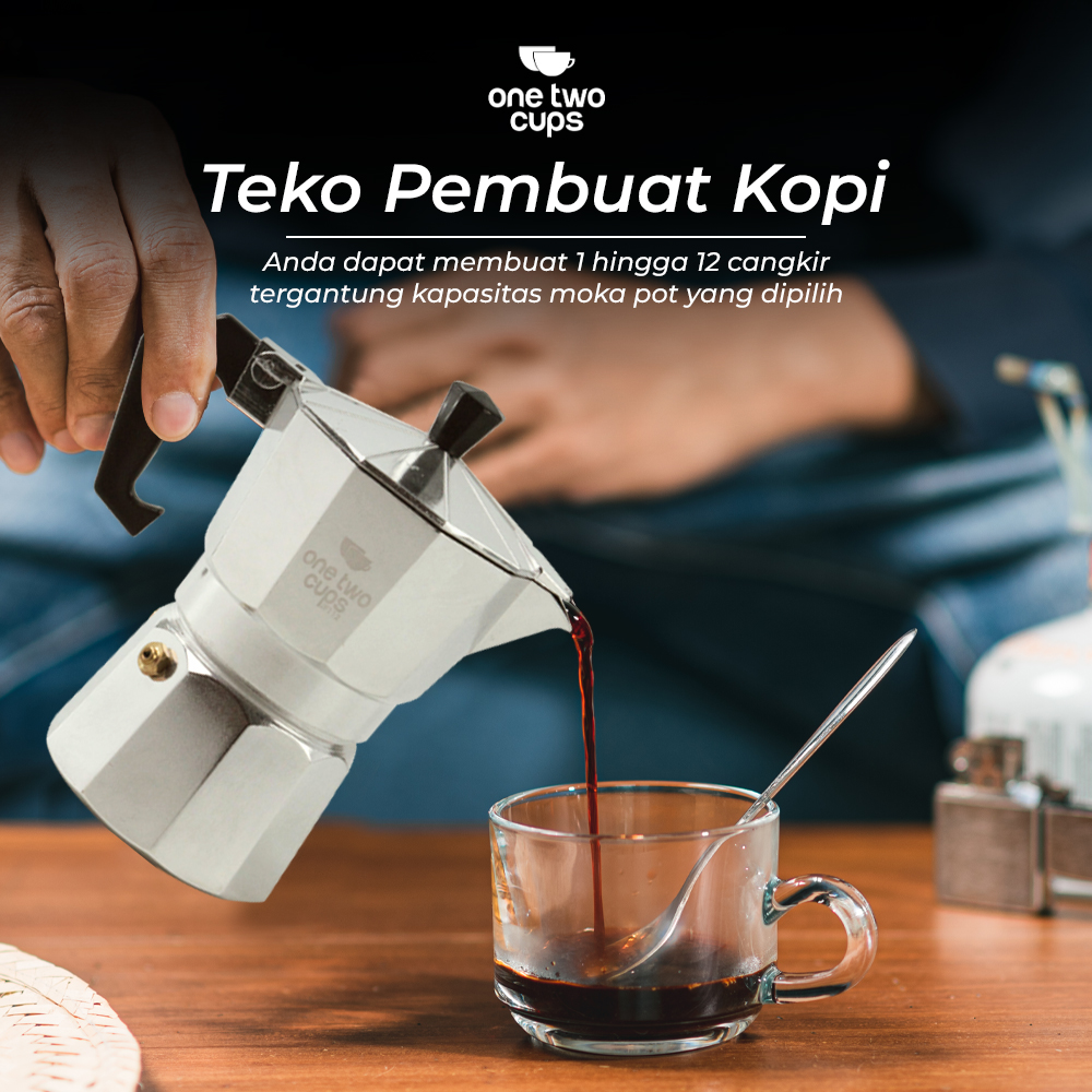 One Two Cups Moka Pot Teko Kopi Espresso Coffee Maker Stovetop 2 Cup 100ml - MX001 Gambar produk One Two Cups Moka Pot Teko Kopi Espresso Coffee Maker Stovetop 2 Cup 100ml - MX001
