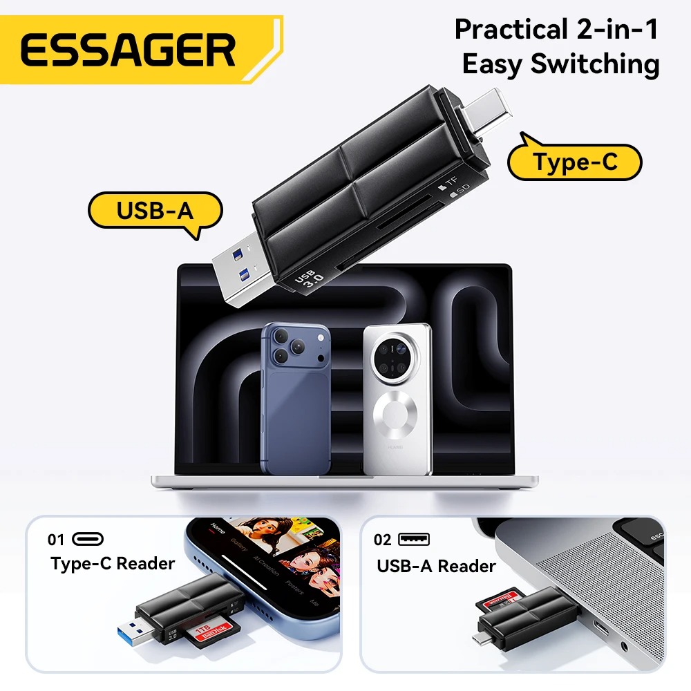 Gambar produk ESSAGER Card Reader 2in1 USB A Type C OTG USB 3.0 SD TF Card - ES-DK01