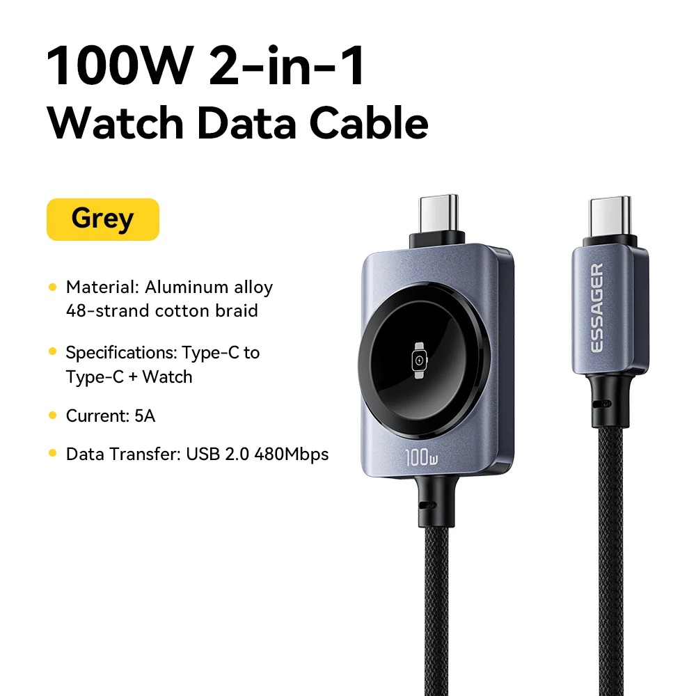 Gambar produk ESSAGER Kabel Data 2in1 Apple Watch Wireless Charger Type C 5A 100W 1M - ES-X82 - Kemasan