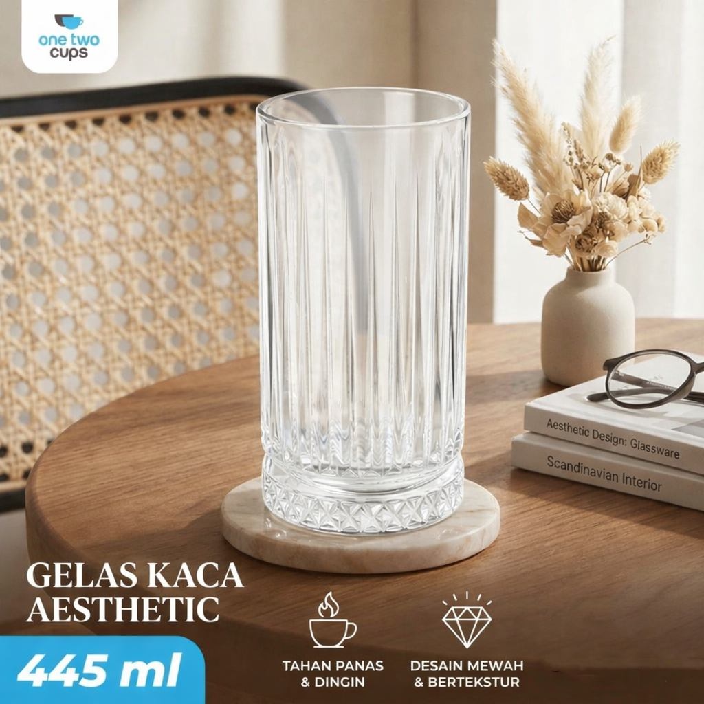 One Two Cups Gelas Kaca Aesthetic Kopi Teh Striped Crystal Glass 445ml - EL-45 Gambar produk One Two Cups Gelas Kaca Aesthetic Kopi Teh Striped Crystal Glass 445ml - EL-45