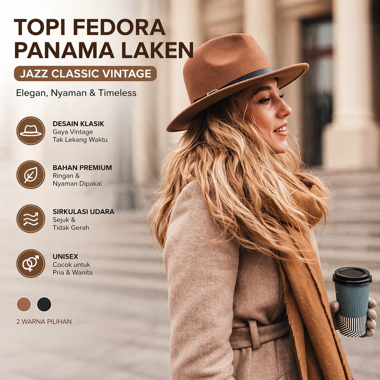 Gambar produk JIANGXIHUITIAN Topi Fedora Panama Laken Hat Jazz Classic Vintage - FS-219