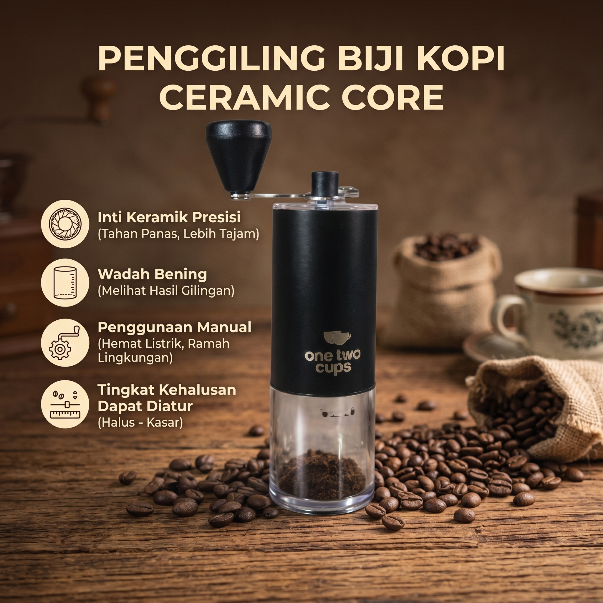 One Two Cups Alat Penggiling Kopi Manual Coffee Grinder Ceramic Core - 4011 Gambar produk One Two Cups Alat Penggiling Kopi Manual Coffee Grinder Ceramic Core - 4011 - Utama