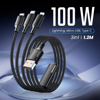 ESSAGER Kabel Data 3in1 Lightning Micro USB Type C Braided 100W 1.2M - EXCMTL-JJ01-P
