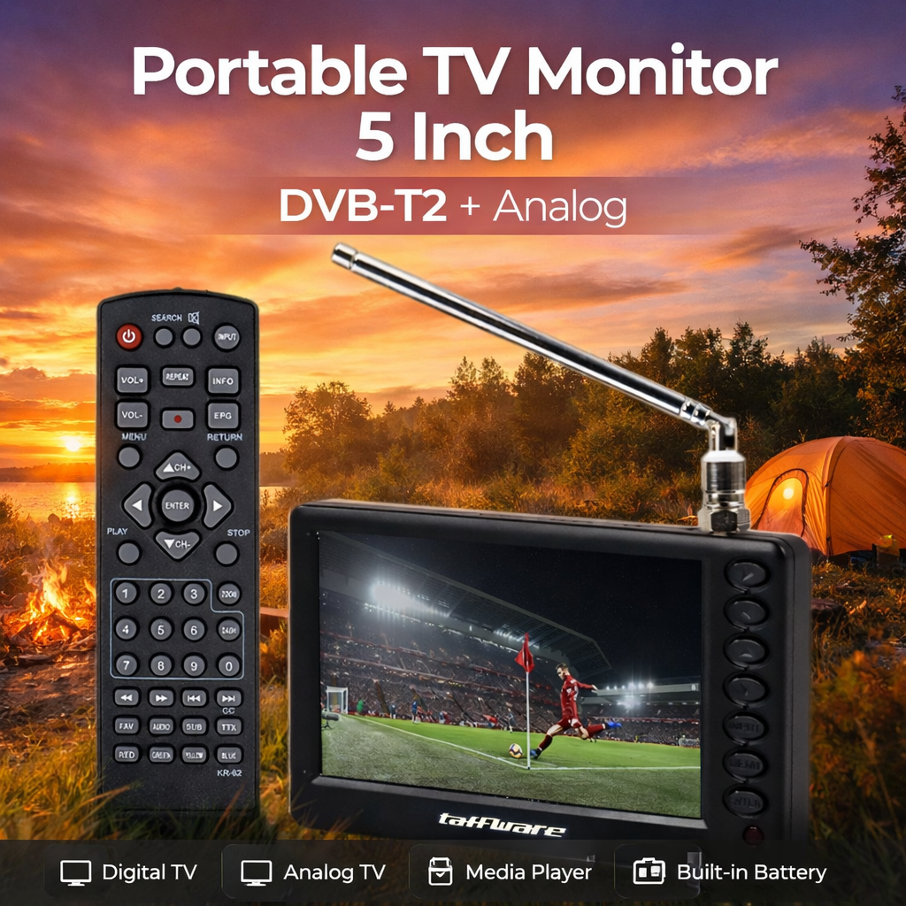 Taffware Portable HD TV Monitor 5 Inch DVB-T2 + Analog - D5 Gambar produk Taffware Portable HD TV Monitor 5 Inch DVB-T2 + Analog - D5