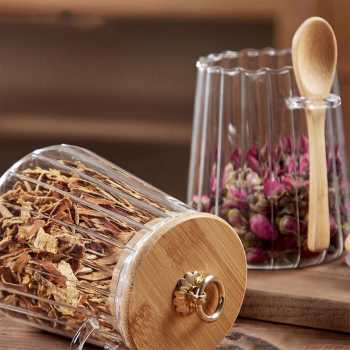 Gambar produk ECHOU Toples Kaca Borosilikat Vintage Wooden with Spoon Storage Jar 650ml - ECH-145