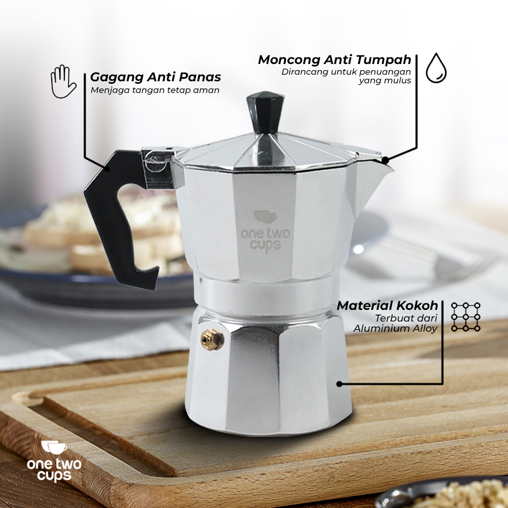 One Two Cups Moka Pot Teko Kopi Espresso Coffee Maker Stovetop 2 Cup 100ml - MX001 Gambar produk One Two Cups Moka Pot Teko Kopi Espresso Coffee Maker Stovetop 2 Cup 100ml - MX001