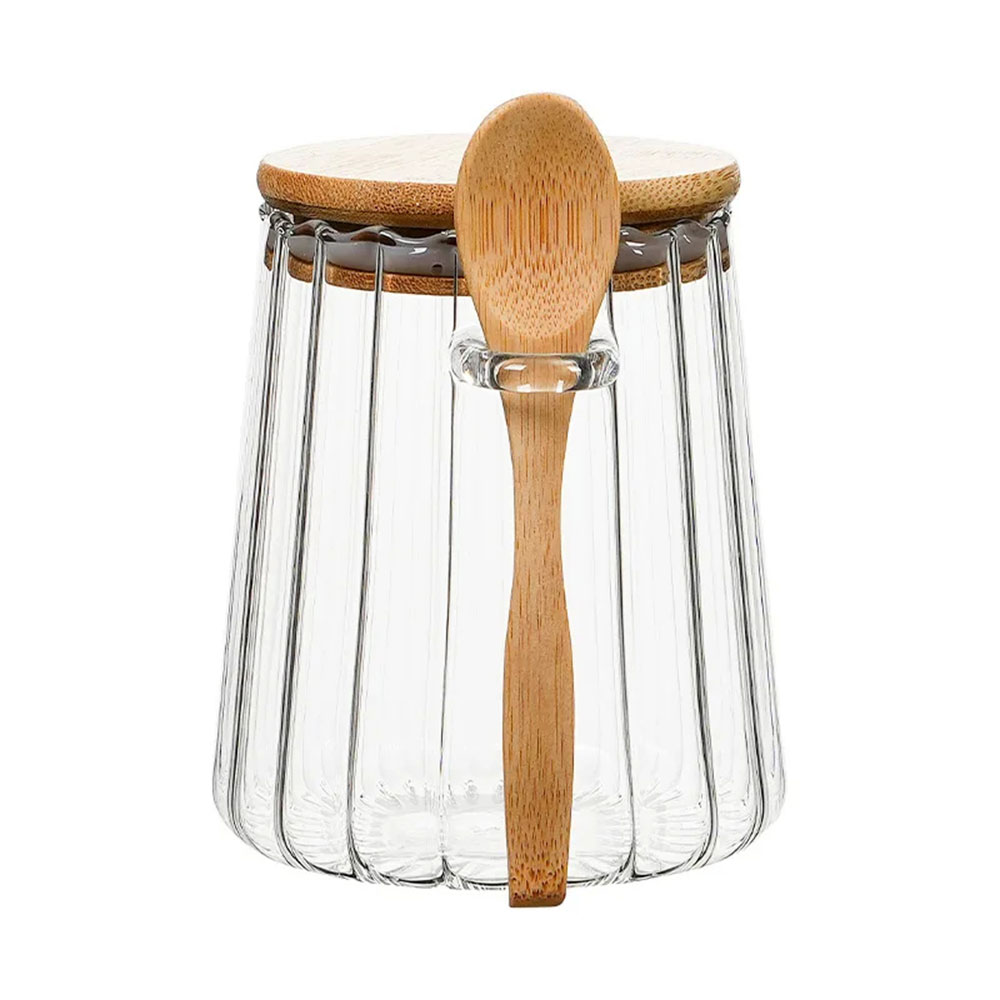 Gambar produk ECHOU Toples Kaca Borosilikat Vintage Wooden with Spoon Storage Jar 650ml - ECH-145
