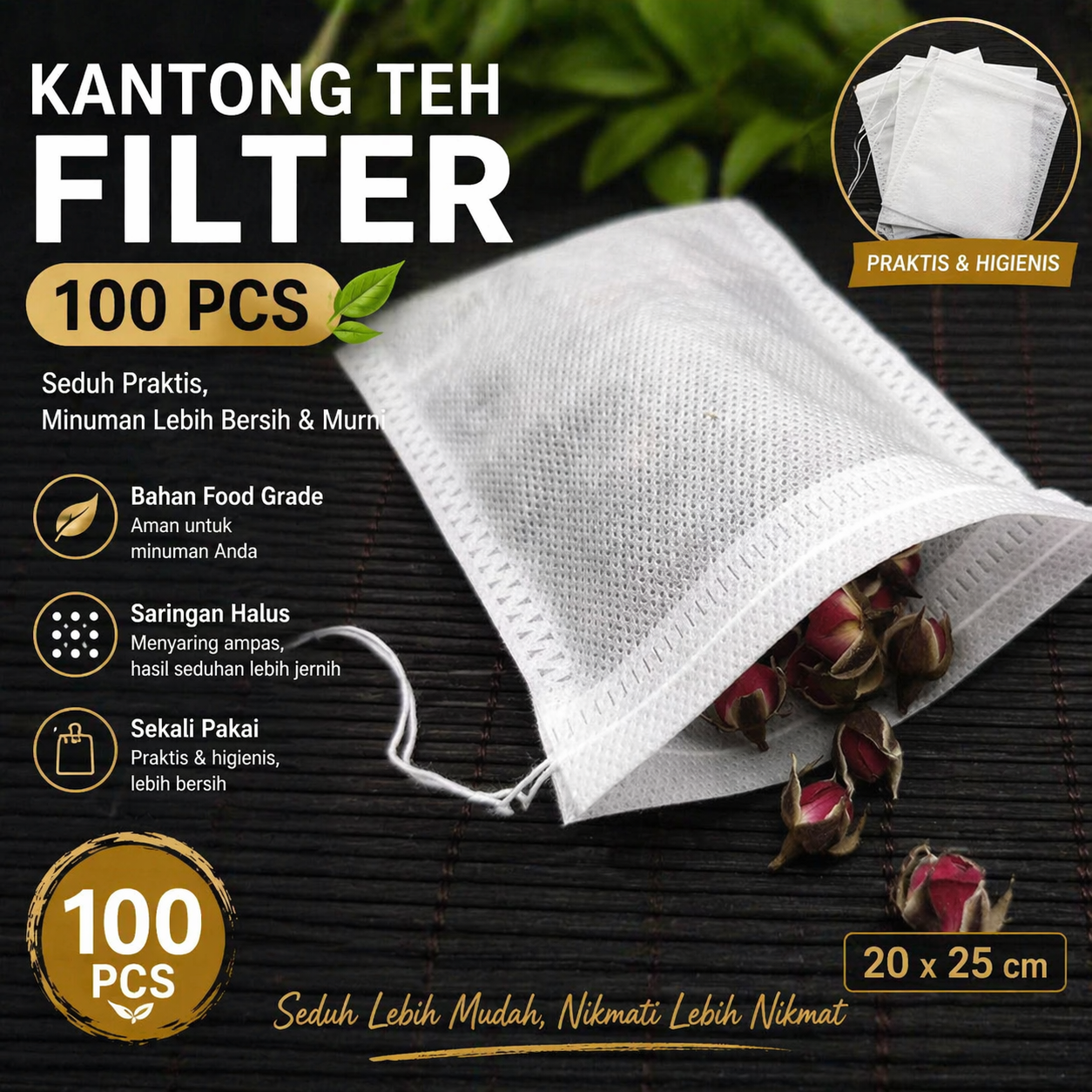 Gambar produk One Two Cups Kantong Teh Filter Saringan Tea Bag Disposable 100 PCS 20x25cm - M100 - Utama