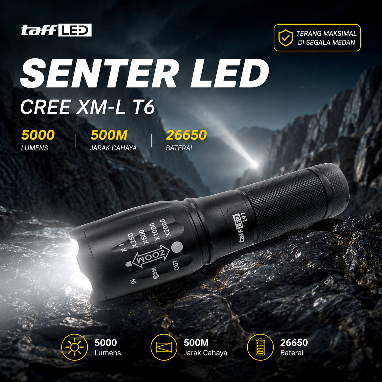 TaffLED Senter LED CREE XM-L T6 5000 Lumens Zoom 5 Mode Baterai 26650 - E97 Gambar produk TaffLED Senter LED CREE XM-L T6 5000 Lumens Zoom 5 Mode Baterai 26650 - E97 - Utama