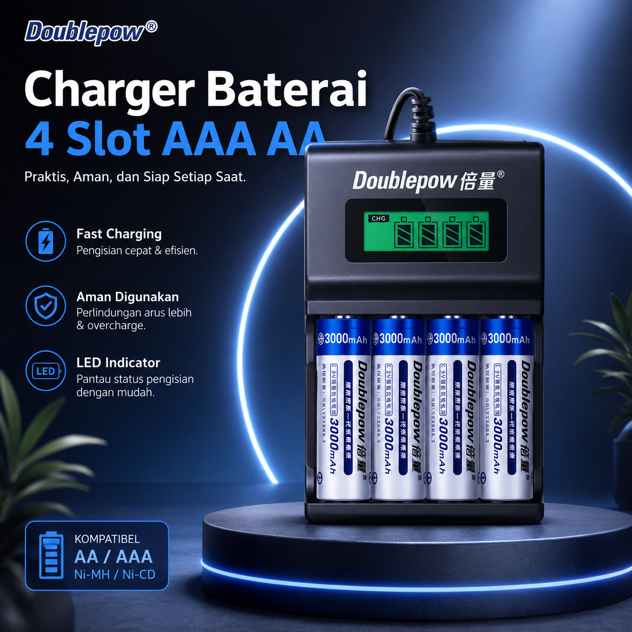 Doublepow Charger Baterai 4 Slot AAA AA Ni-MH USB with LCD - UK93B Gambar produk Doublepow Charger Baterai 4 Slot AAA AA Ni-MH USB with LCD - UK93B - Utama