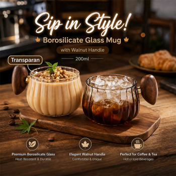 Bincoo Gelas Kaca Kopi Teh Borosilicate Glass Walnut Handle 200ml - BC200