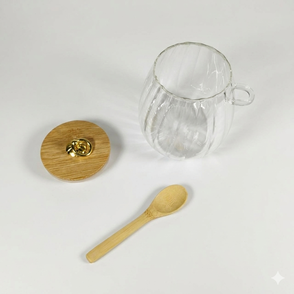 Gambar produk ECHOU Toples Kaca Borosilikat Vintage Wooden with Spoon Storage Jar 700ml - ECH-145 - 7
