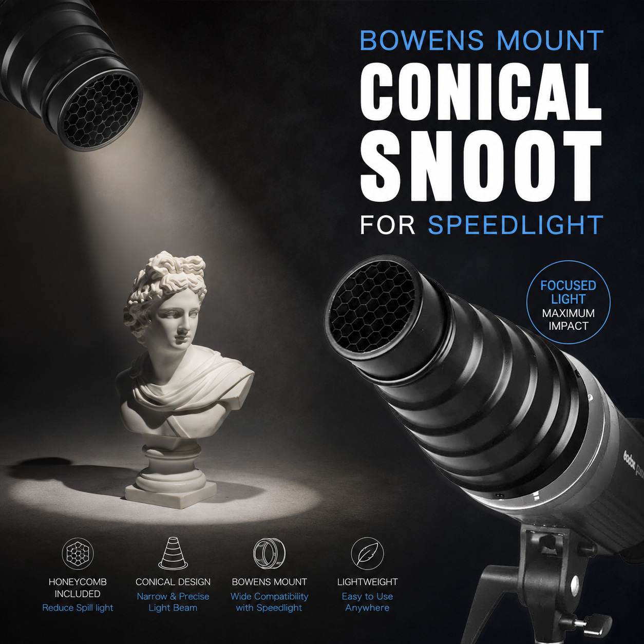 Bowens Mount Conical Snoot Honeycomb for Speedlight Fotografi - SN-01 Gambar produk Bowens Mount Conical Snoot Honeycomb for Speedlight Fotografi - SN-01 - Utama