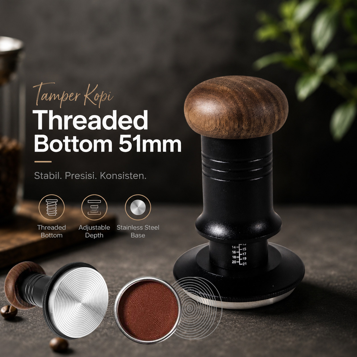 One Two Cups Tamper Kopi Barista Stainless Steel Threaded Bottom 51mm - JN - 25 Gambar produk One Two Cups Tamper Kopi Barista Stainless Steel Threaded Bottom 51mm - JN - 25 - Utama