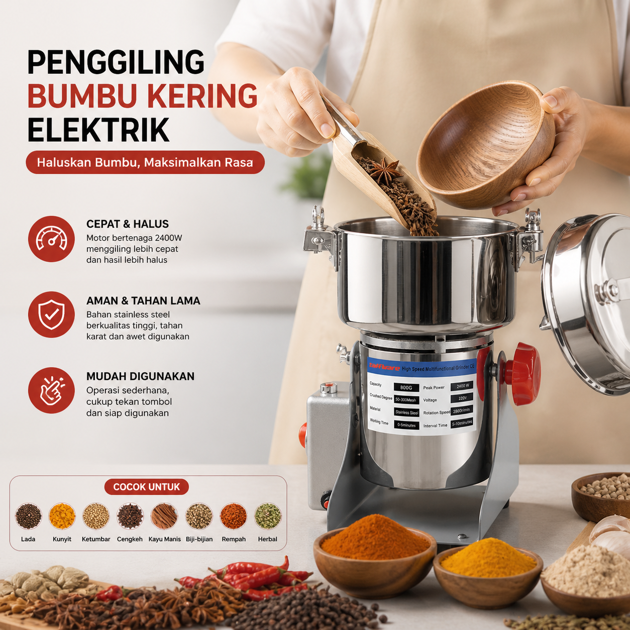 Taffware Penggiling Bumbu Kering Elektrik Spices Grinder 800g 2400W - HC-800Y Gambar produk Taffware Penggiling Bumbu Kering Elektrik Spices Grinder 800g 2400W - HC-800Y - 2