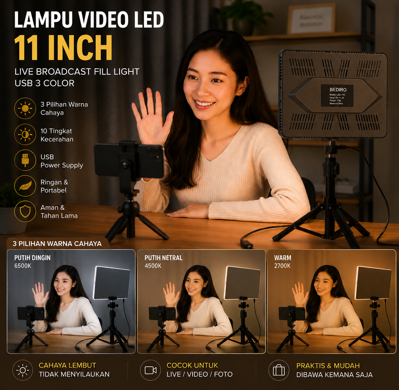BEDIRO Lampu Video LED 11 Inch Live Broadcast Fill Light USB 3 Color - BD-P11 Gambar produk BEDIRO Lampu Video LED 11 Inch Live Broadcast Fill Light USB 3 Color - BD-P11 - Utama