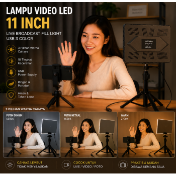 BEDIRO Lampu Video LED 11 Inch Live Broadcast Fill Light USB 3 Color - BD-P11