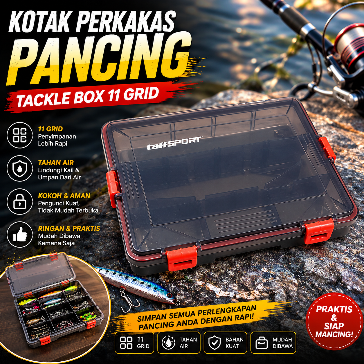 TaffSPORT Kotak Perkakas Pancing Kail Umpan Tackle Box 11 Grid - DY148 Gambar produk TaffSPORT Kotak Perkakas Pancing Kail Umpan Tackle Box 11 Grid - DY148 - Utama