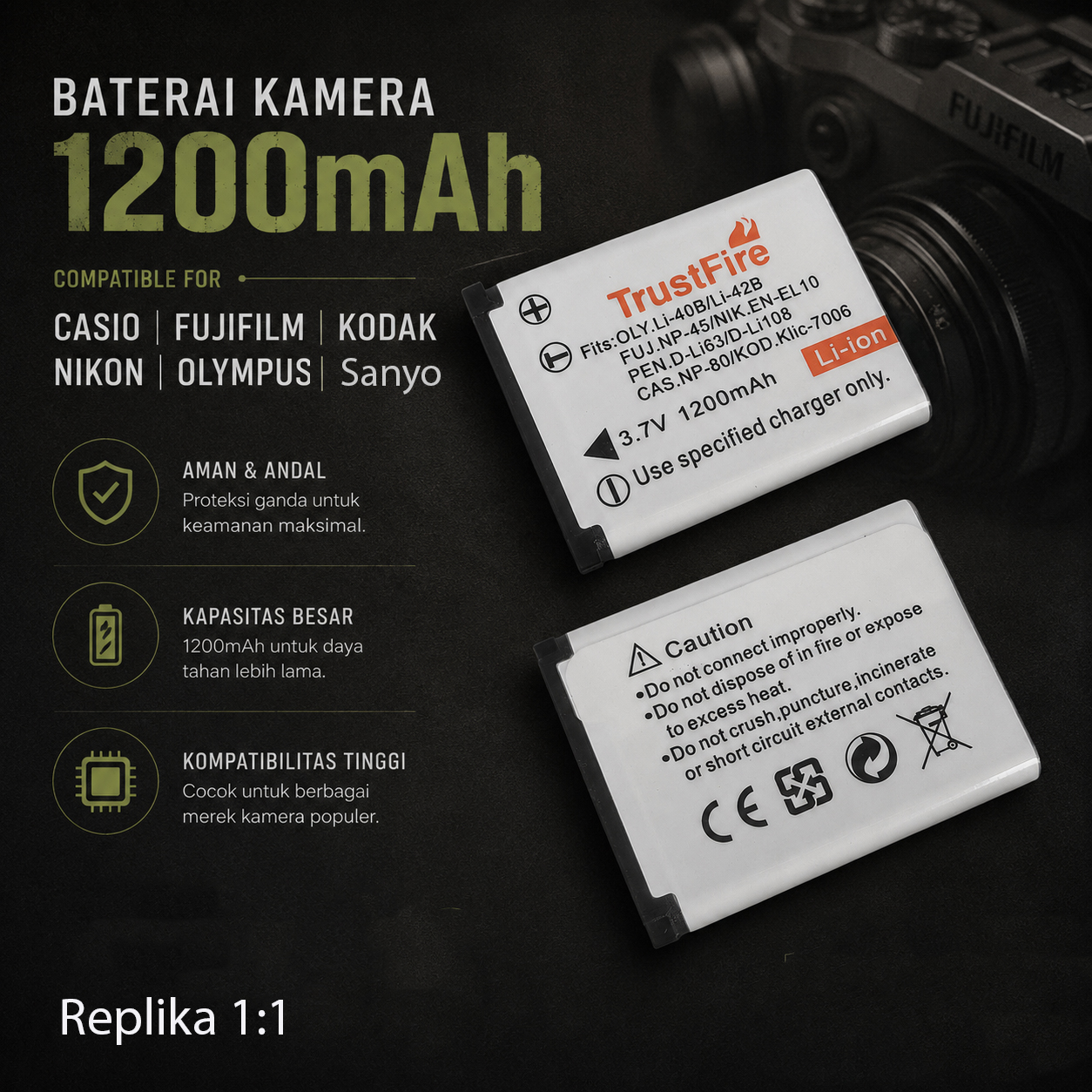 TrustFire Baterai Kamera CASIO FUJIFILM KODAK NIKON OLYMPUS 1200mAh - Li-42B (Replika 1:1) Gambar produk TrustFire Baterai Kamera CASIO FUJIFILM KODAK NIKON OLYMPUS 1200mAh - Li-42B (Replika 1:1) - Utama