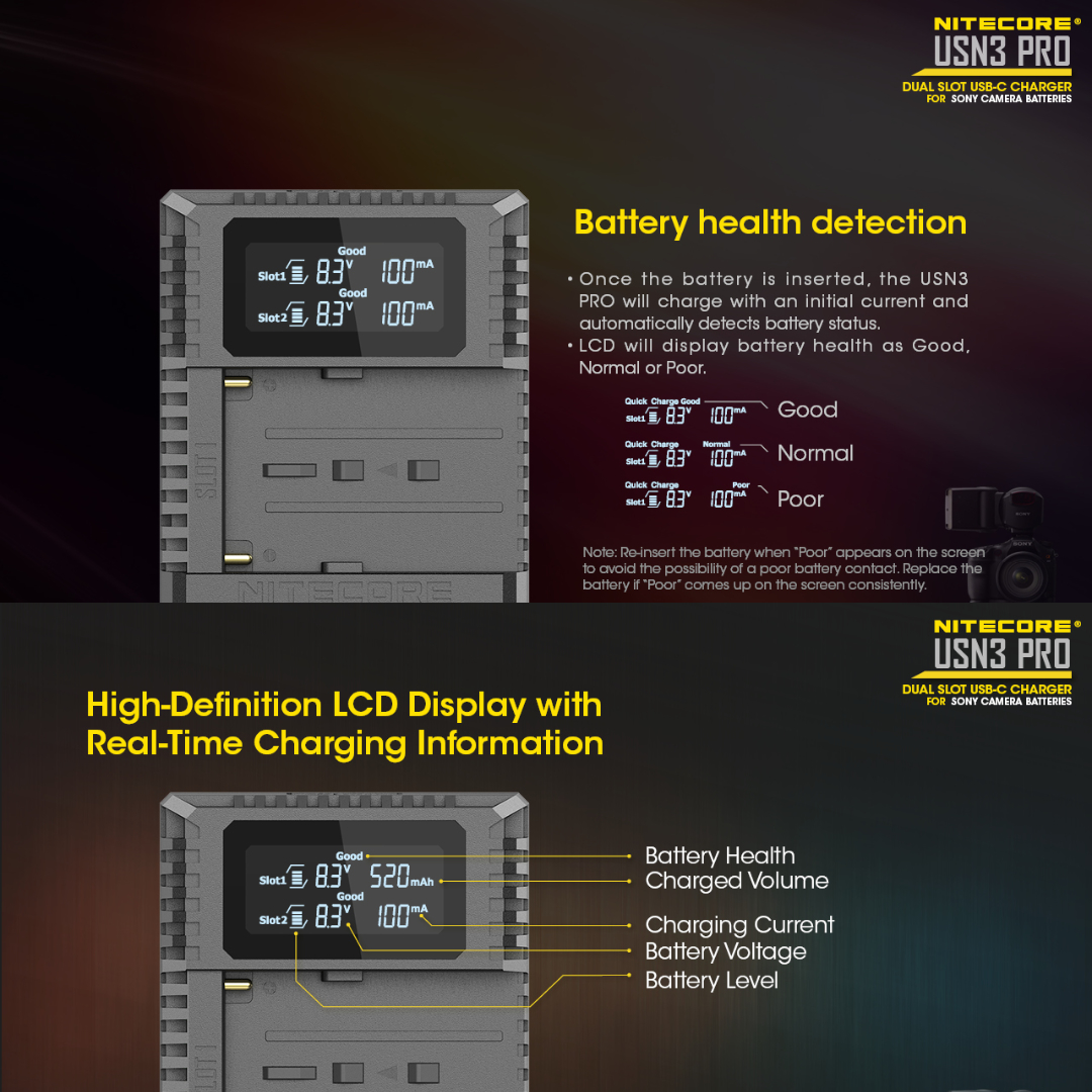Gambar produk NITECORE Charger Baterai 2 Slot Sony NP-FM500H NP-F730 NP-F750 QC LCD - USN3 Pro - 3