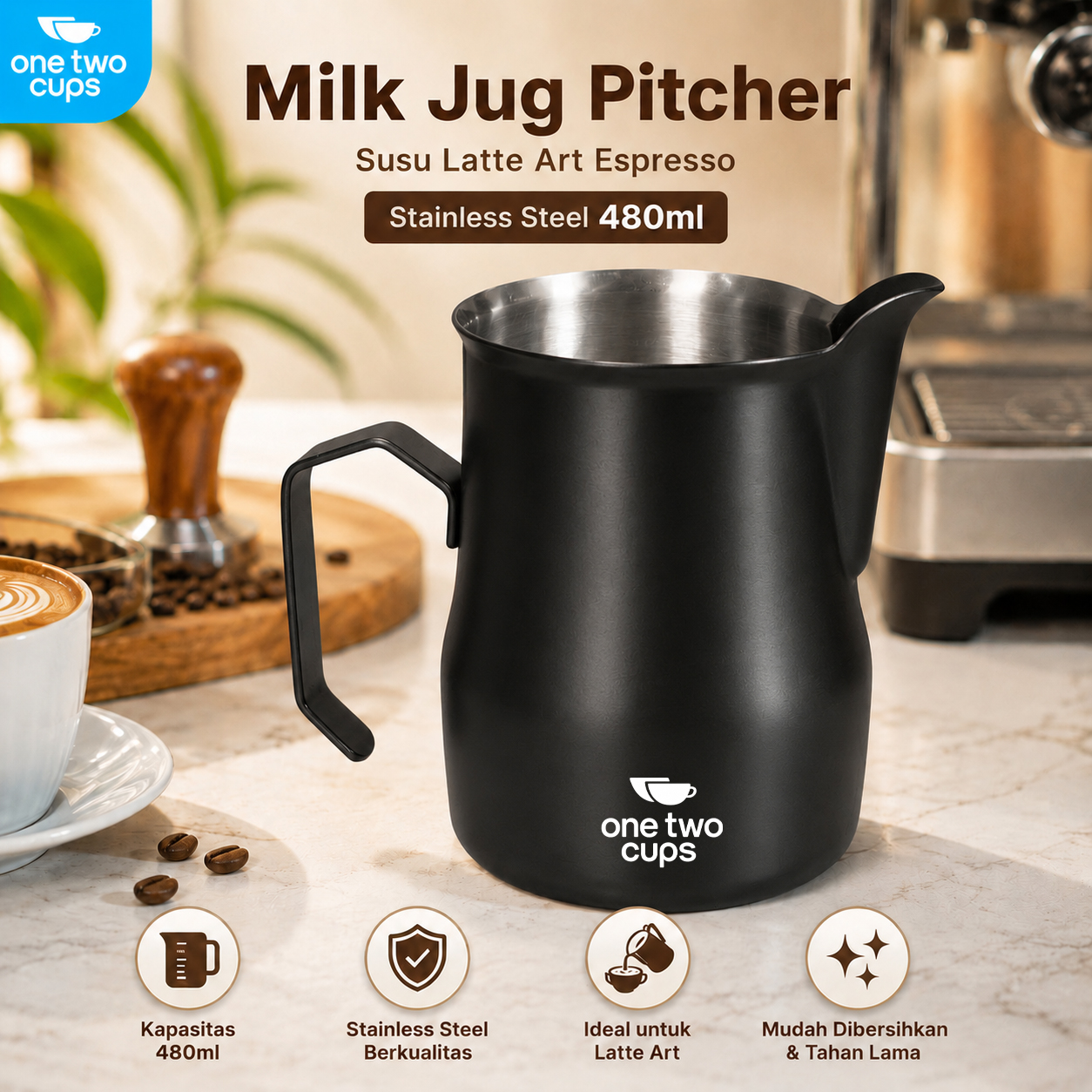 One Two Cups Milk Jug Pitcher Susu Latte Art Espresso Stainless Steel 480ml - AA050 Gambar produk One Two Cups Milk Jug Pitcher Susu Latte Art Espresso Stainless Steel 480ml - AA050 - Utama