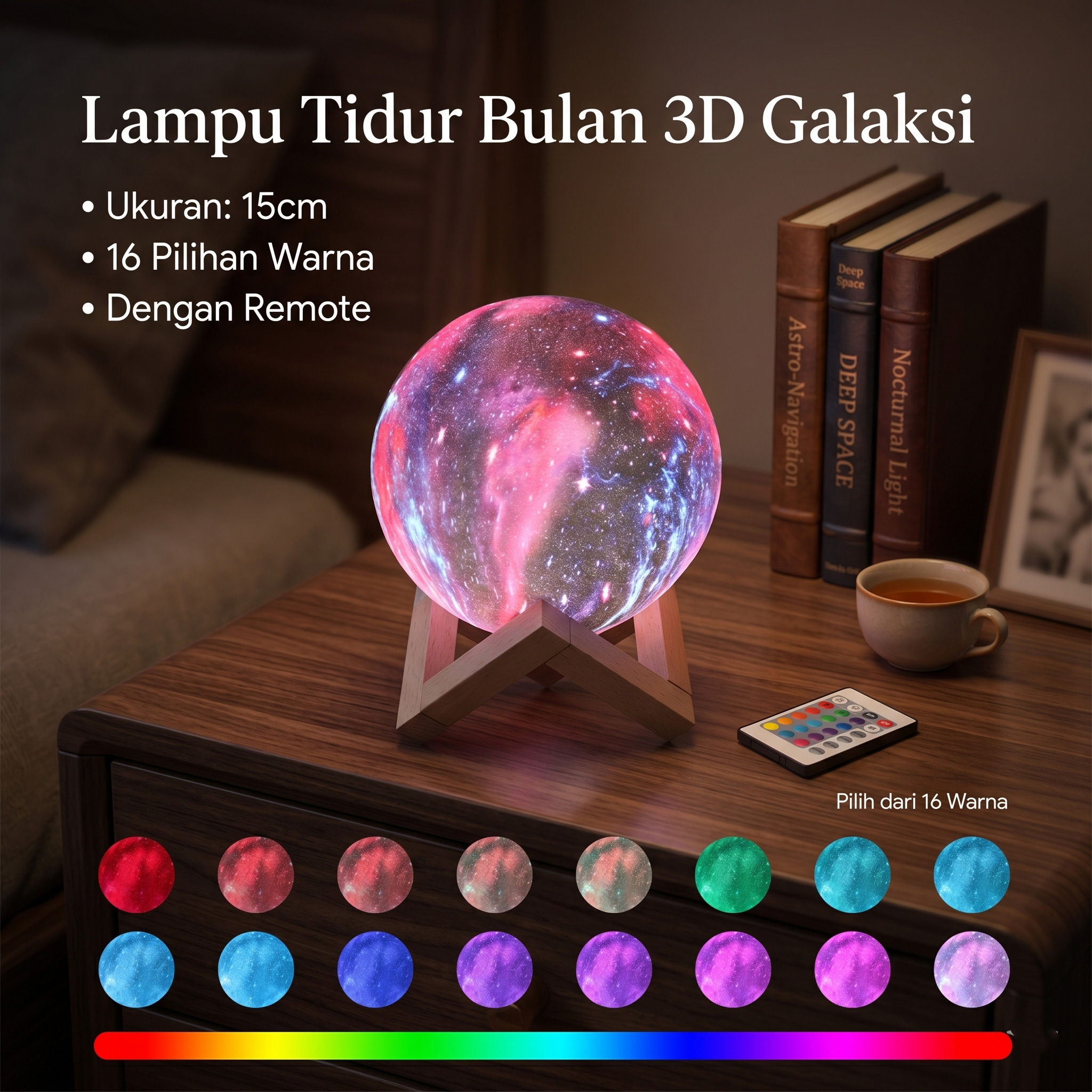Gambar produk Coquimbo Lampu Tidur Bulan 3D Moon Night Light Rechargeable 16 Color 15cm - 606816 - Utama