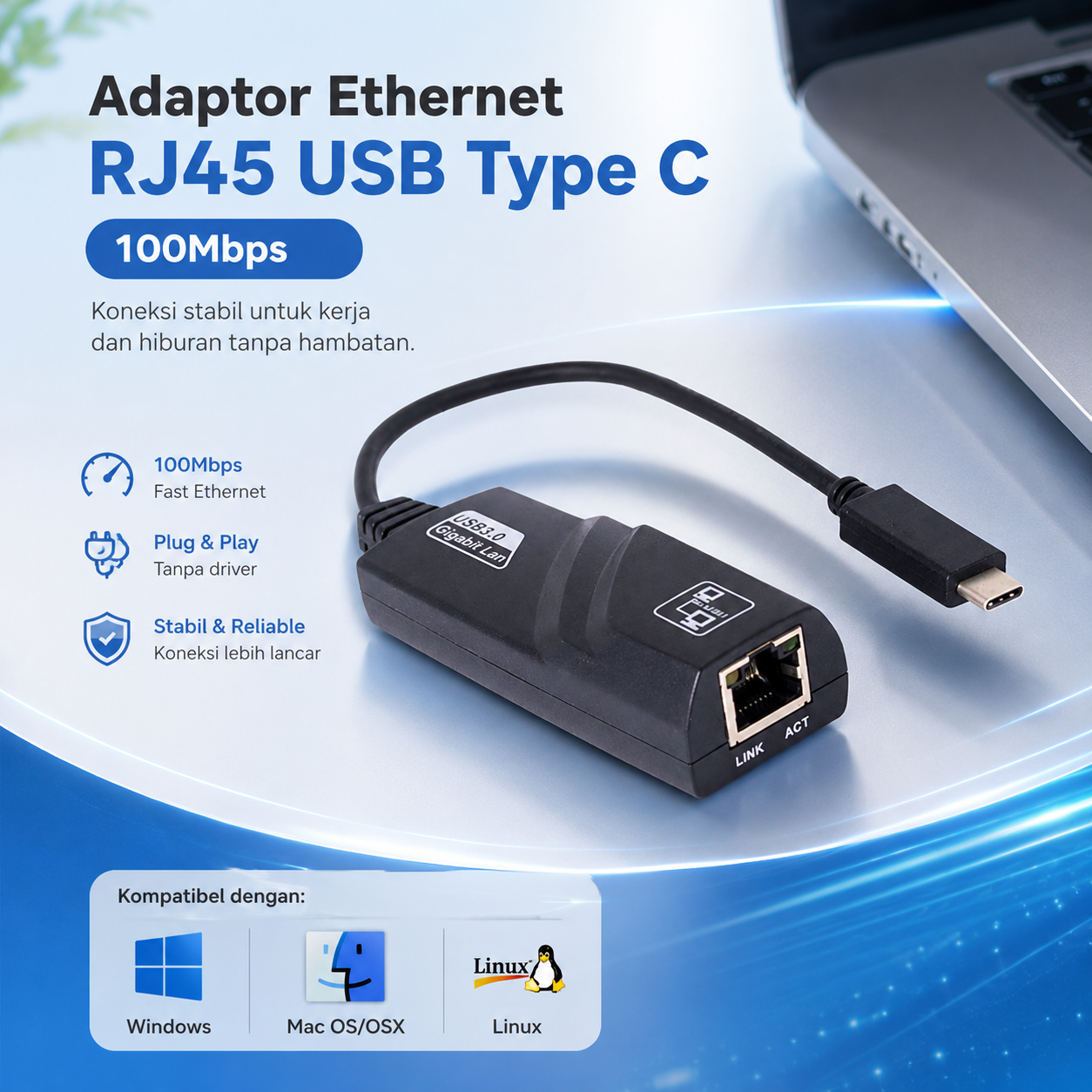Gambar produk TelDay Adaptor USB Type C to LAN RJ45 Ethernet Adaptor 100Mbps - TD100 - Utama