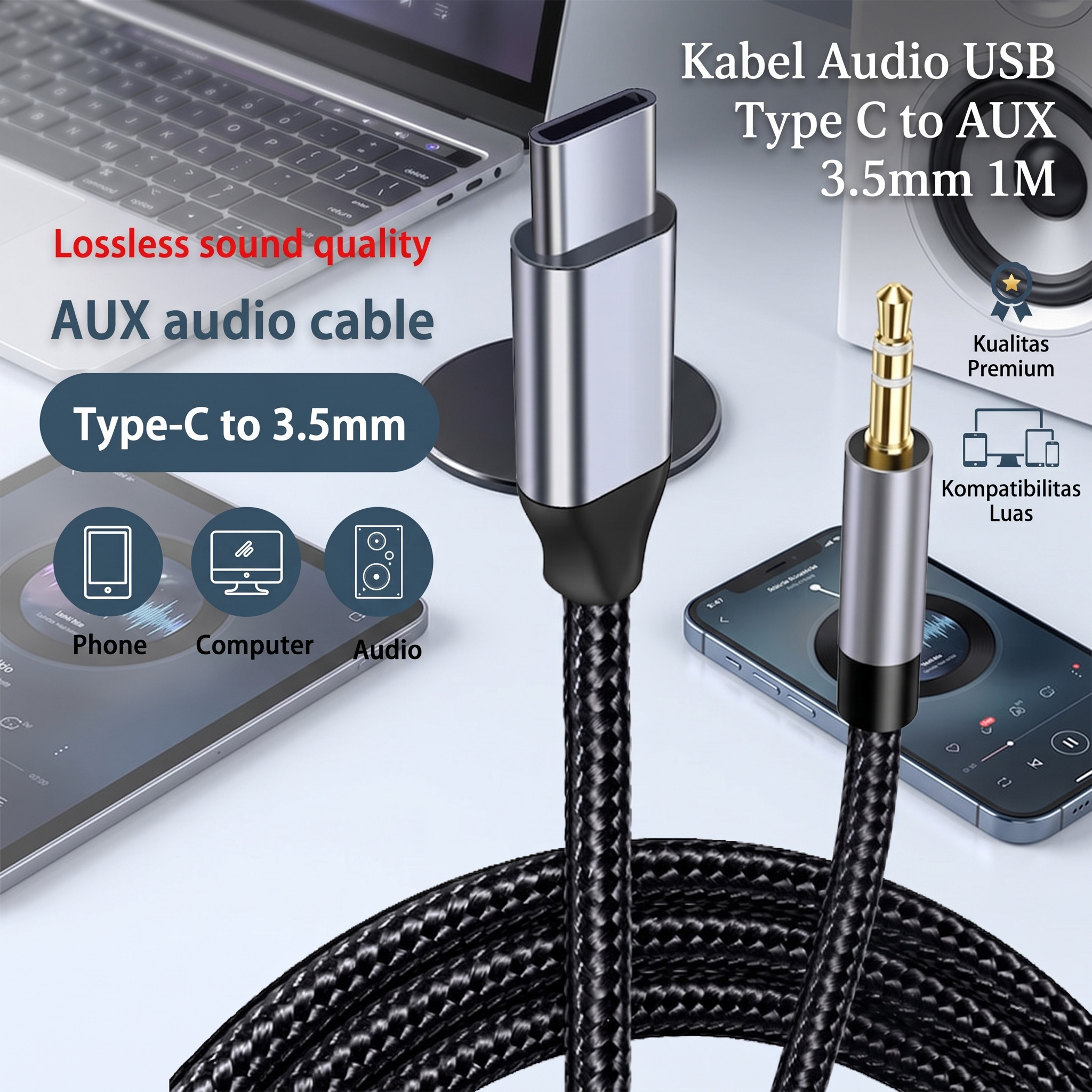 Gambar produk ChicRain Kabel Audio Speaker USB Type C to AUX 3.5mm Stable Signal 1M - CR-35 - Utama