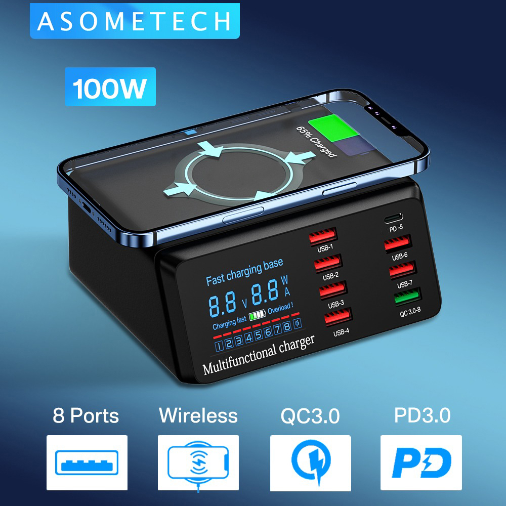 Gambar produk ASOMETECH Desktop Charger USB Type A QC3.0 Wireless Charge 8 Port 100W - WLX-X9 - Utama