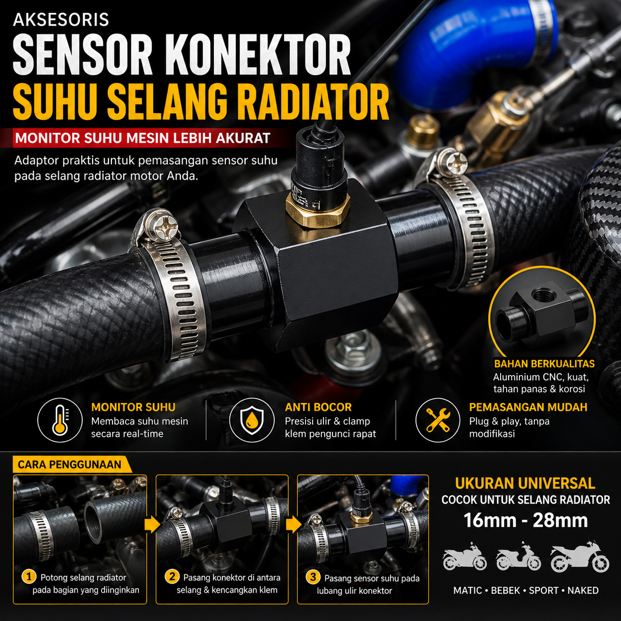Gambar produk OTOHEROES Aksesoris Sensor Konektor Suhu Selang Radiator Mesin Motor 20mm - 1